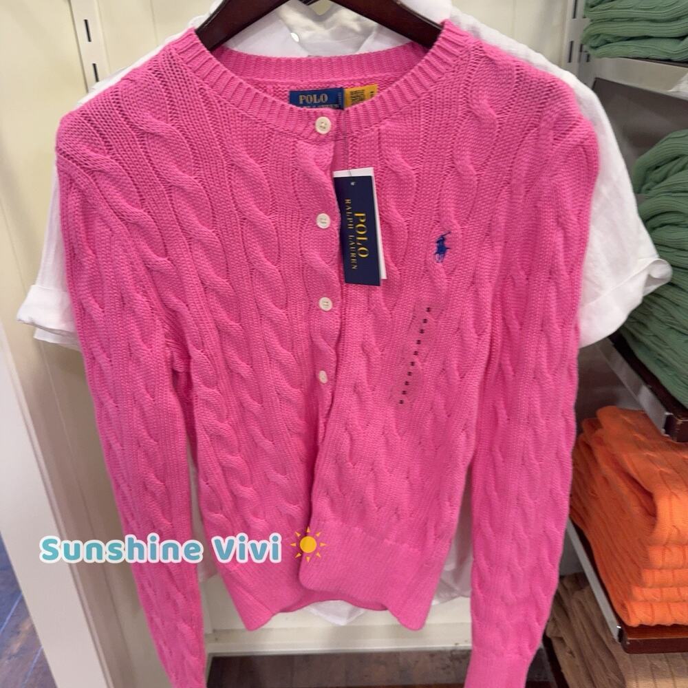 NEW Polo Ralph Lauren Women Cotton Cable Knit Cardigan Sweater pink small